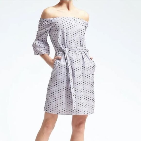 Banana Republic Swiss Dot Light Blue Off the Shoulder Midi Dress Size XS, Belted - Picture 1 of 7